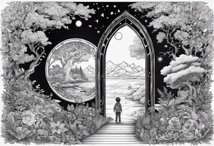 a small boy entering a portal to a fantasy world filled with nature tattoo idea