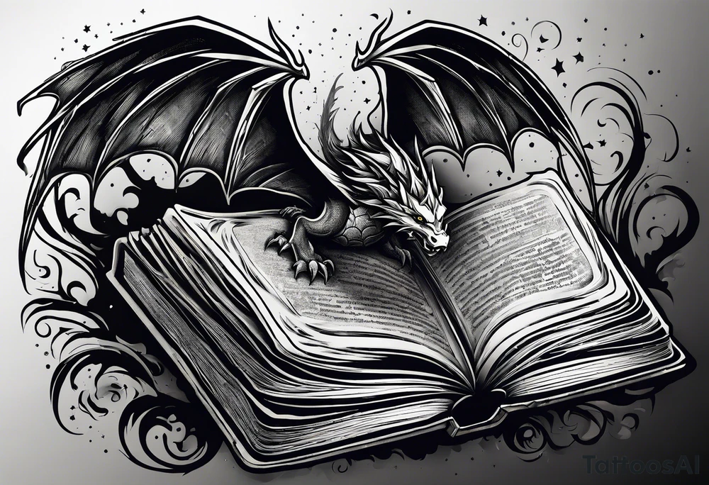an empty open book with a sword through it, dragonwings and sparks surrounding the book. small design tattoo idea