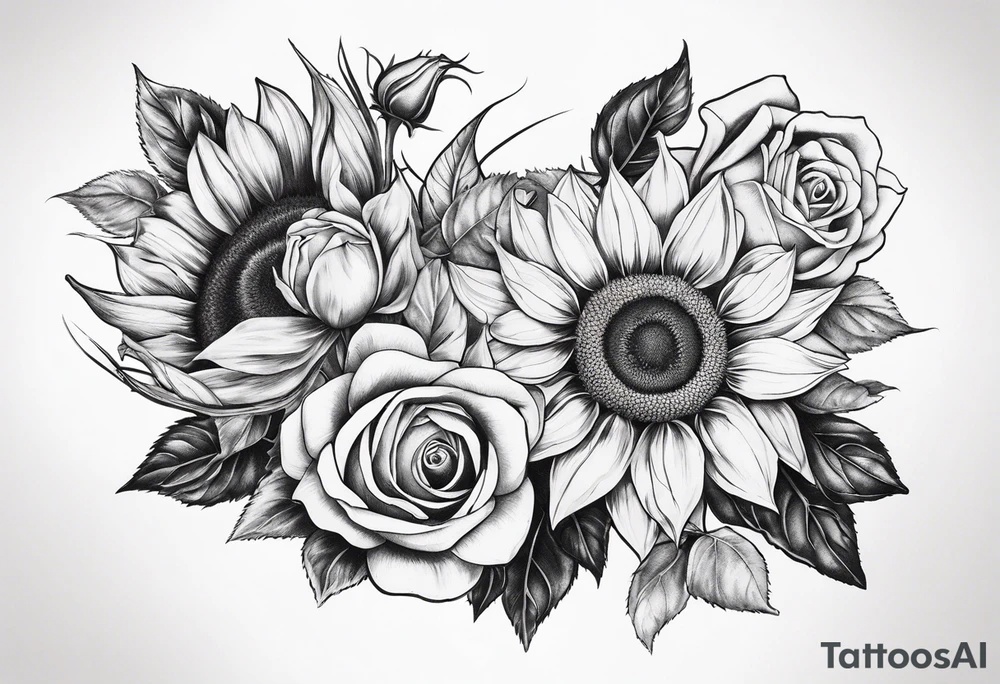 Sunflower and rose flower tattoo idea