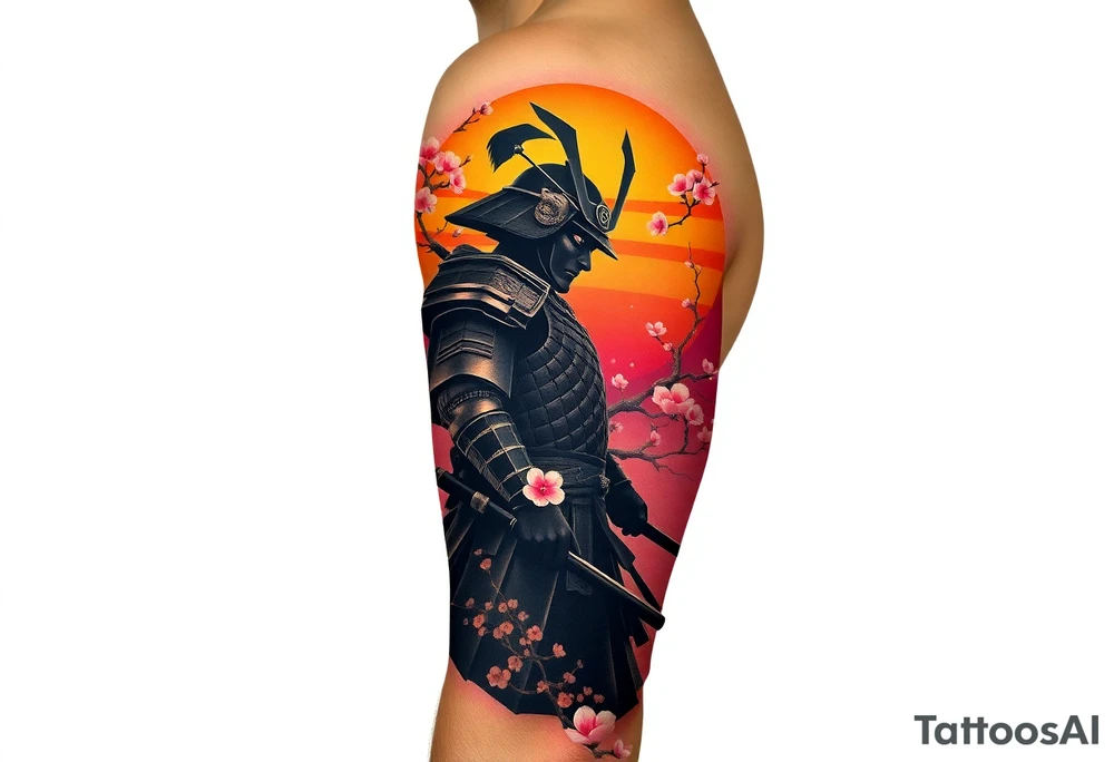 noble samurai warrior silhouette at sunset with cherry blossoms tattoo idea