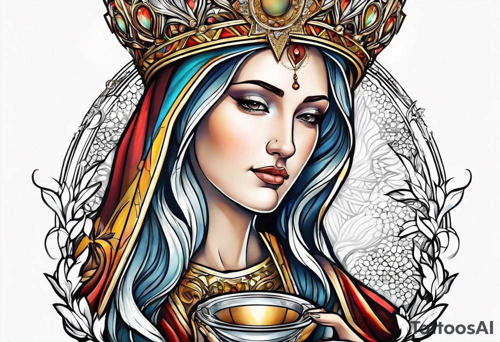 holy saint woman with halo holding a chalice tattoo idea