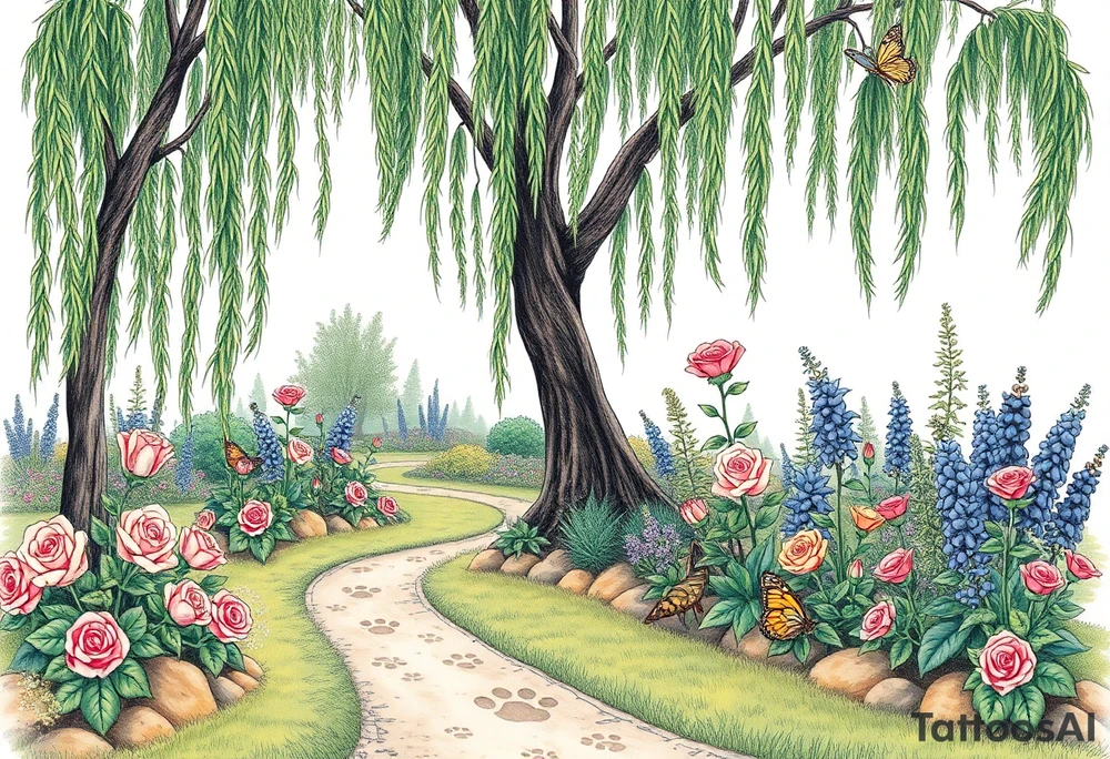 weeping willow garden with roses and liles flower beds. fantasy creatures, fairies, mermiads, dragons butterflies,  cat paw prints path in dirt. tattoo idea