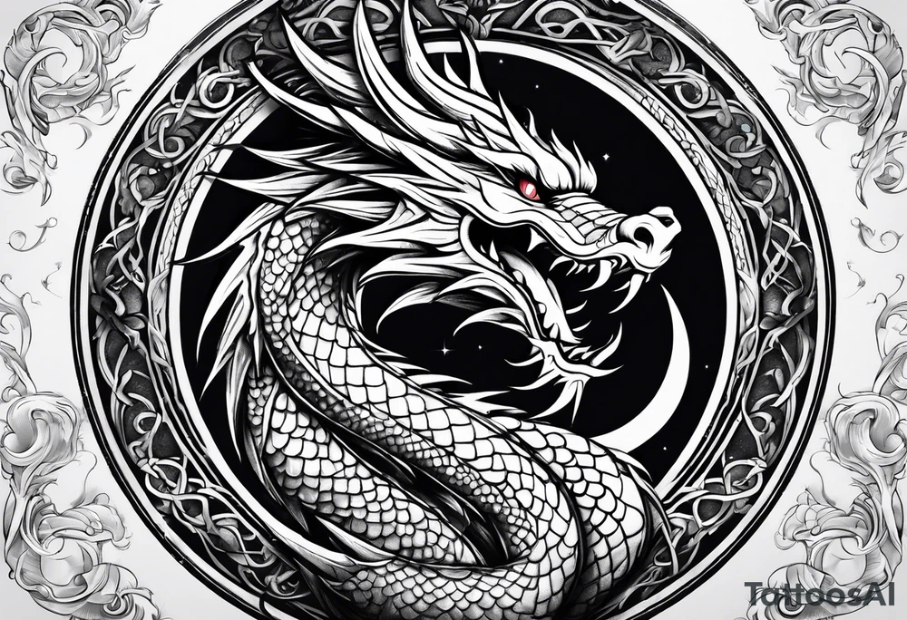 Dragon Seven number shape with full Moon in background tattoo idea