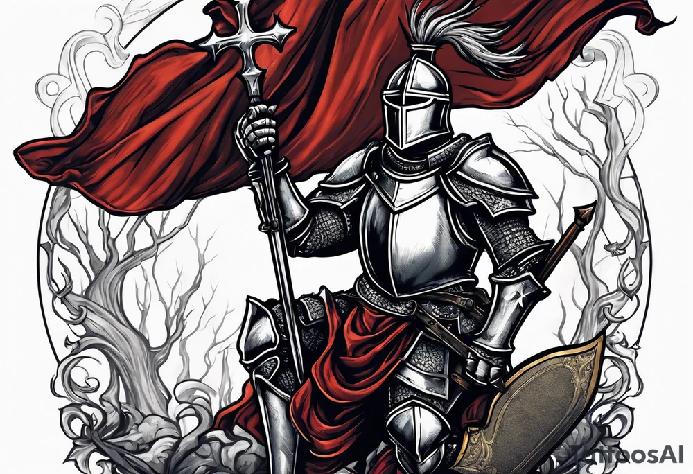 knight holding a bible over his head in combat tattoo idea