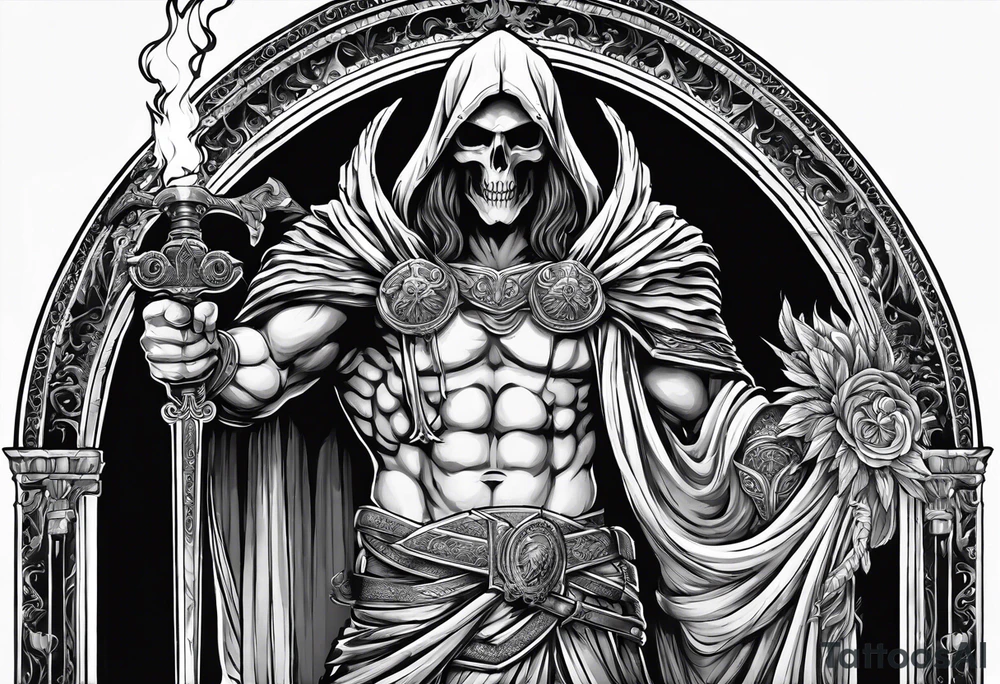 Thanatos, the greek god of death, holding a sword and a torch tattoo idea