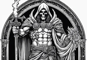 Thanatos, the greek god of death, holding a sword and a torch tattoo idea