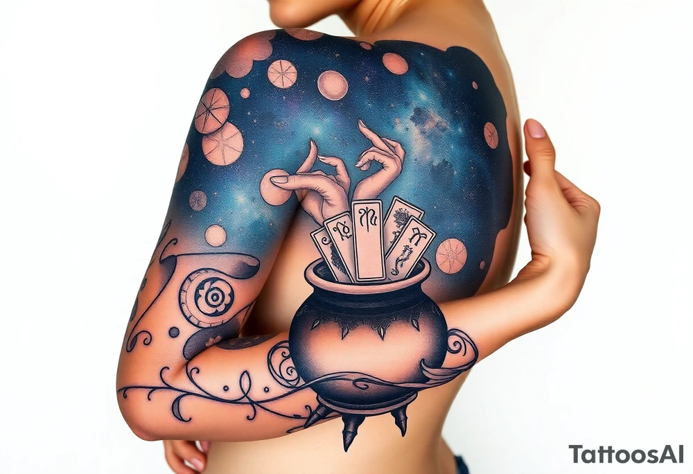 Milky way filled with zodiac symbols runes tarot cards coming out of a cauldron tattoo idea