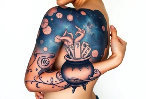 Milky way filled with zodiac symbols runes tarot cards coming out of a cauldron tattoo idea