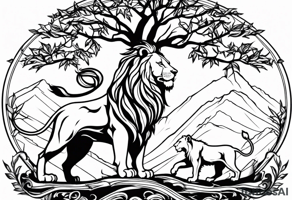 The lion of Judah, which is Jesus Christ, is tied and intertwined within a maple tree. tattoo idea