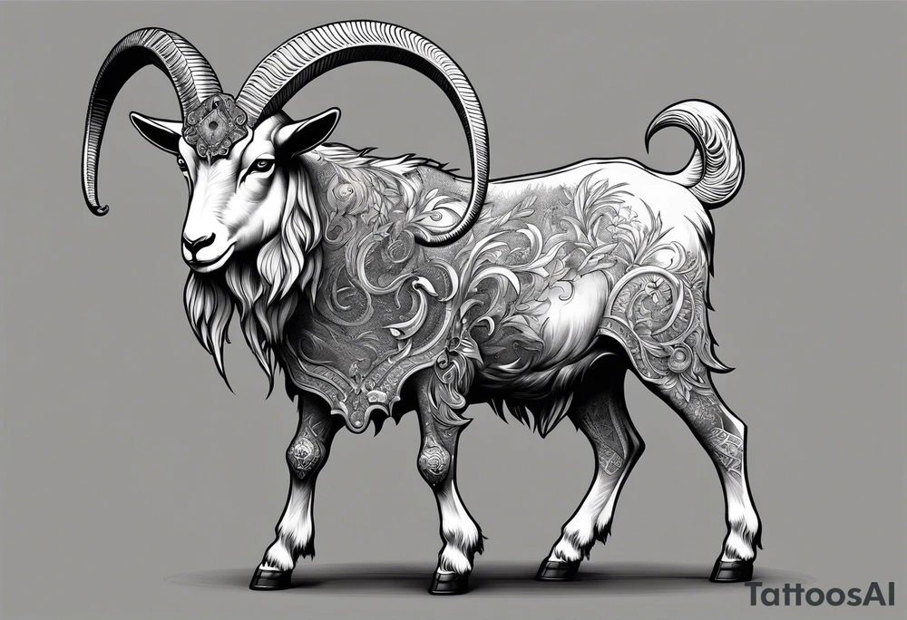Satanic goat with horns (full body) in a forest tattoo idea