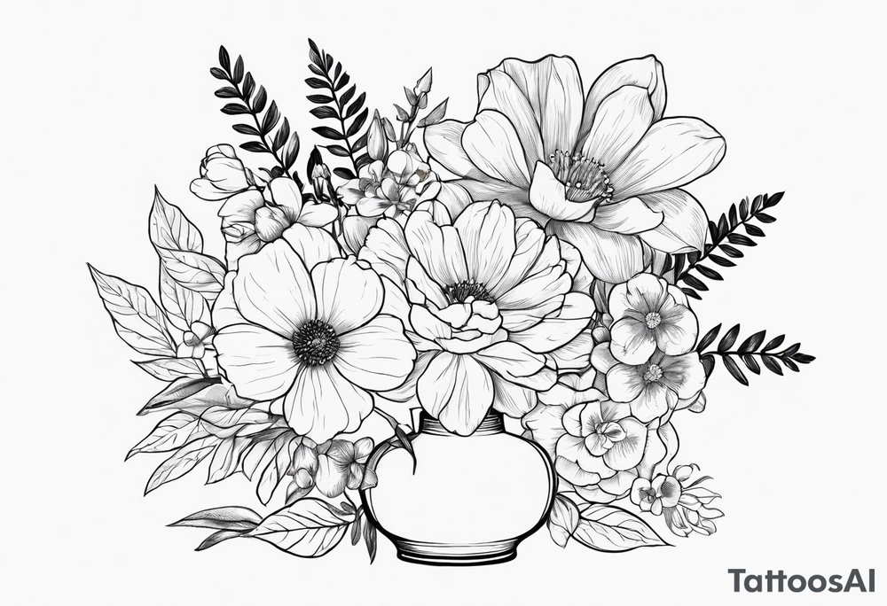 vase full of birth flower for April, May, June, August, October, November tattoo idea