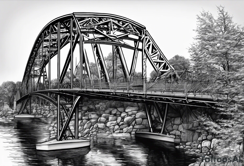 simple line art, view from under steel truss cantilever bridge tattoo idea