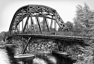 simple line art, view from under steel truss cantilever bridge tattoo idea