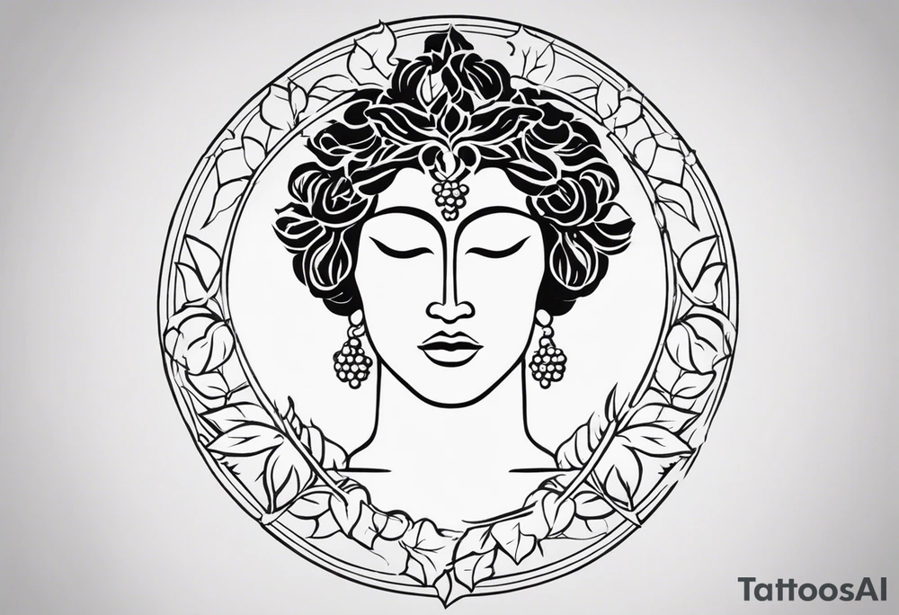 "Design a minimalist tattoo featuring Dionysus, incorporating his connection with both wine and theater. Consider a clean and elegant portrayal of Dionysus holding a theatrical mask in one hand and a goblet of wine in the other, symbolizing his dual domains of revelry and drama. Surround him with subtle elements like grapevines or ivy leaves to further emphasize his association with wine. Ensure the design maintains a minimalist aesthetic while capturing Dionysus's affection for theater, seamlessly blending his attributes in a visually compelling way." tattoo idea