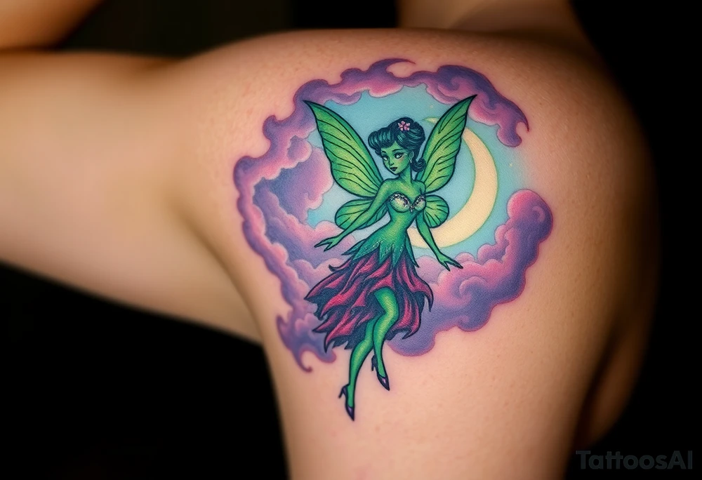Tim Burton’s kelly doty pin up style Vintage Parisian elegant and hauntingly beautiful yet eerie full body absinthe Green Fairy dances outside her victorian crystal decatur she was once inside this elaborate ornate bottle absinthe bottle Absinthe Art Nouveau   and dripping with muted reds, dusty pinks, and eerie green glow.purple and cyan smokey clouds swirl in the crescent moonlit sky thats sprinkled with stars tattoo idea