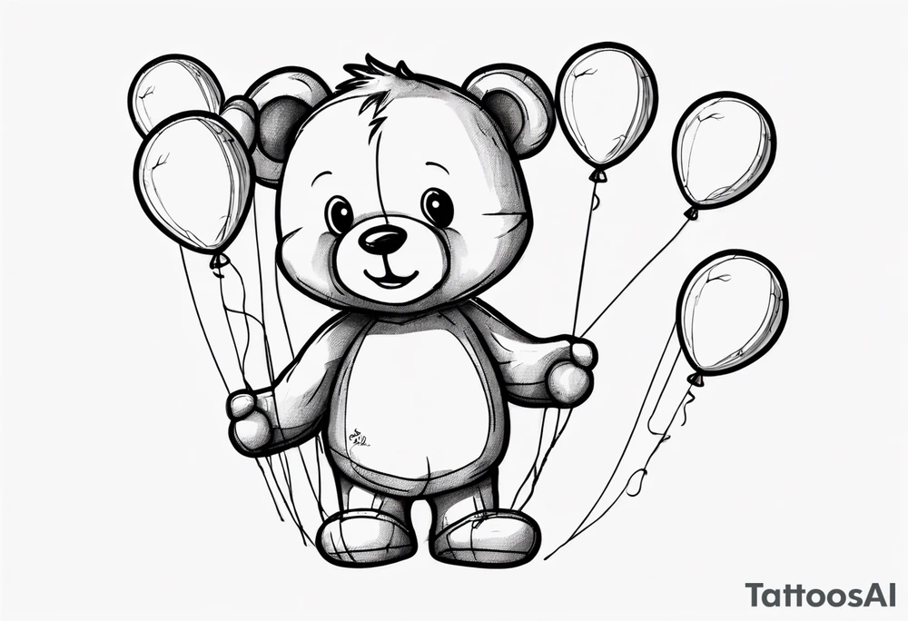 Scruffy teddy bear holding on to balloons and wearing a T-shirt going up to the sky tattoo idea