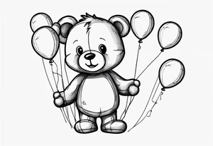 Scruffy teddy bear holding on to balloons and wearing a T-shirt going up to the sky tattoo idea