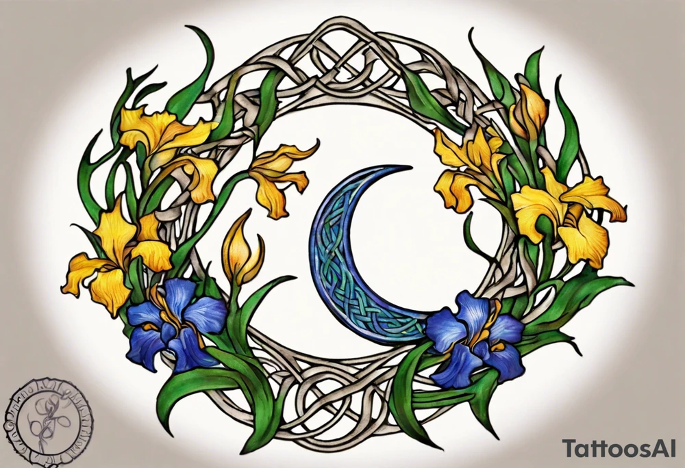 Create a small, colorful Vincent van Gogh Irises tattoo in the form of a crescent, with vines in Celtic knot style gracefully intertwining at a central point in the middle of the wreath. The intended placement is on the upper chest. The middle needs mountains. The overall design should be small in size while maintaining a delicate and artistic aesthetic. Pay attention to the graceful flow of the vines and the placement of the irises to achieve a refined and elegant look. tattoo idea