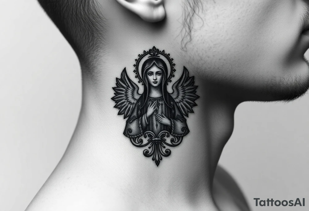russian coat arms in a christian orthodox style virgin mary on the side of the neck tattoo idea