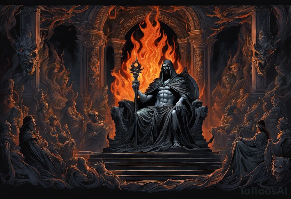 Hades (Left Forearm):

Hades seated on a dark throne in the underworld, surrounded by shadowy figures.
Flames flickering in the background, casting an eerie glow on Hades's features.
Ghostly apparitions and skeletal figures emerging from the darkness, representing souls in the underworld. tattoo idea