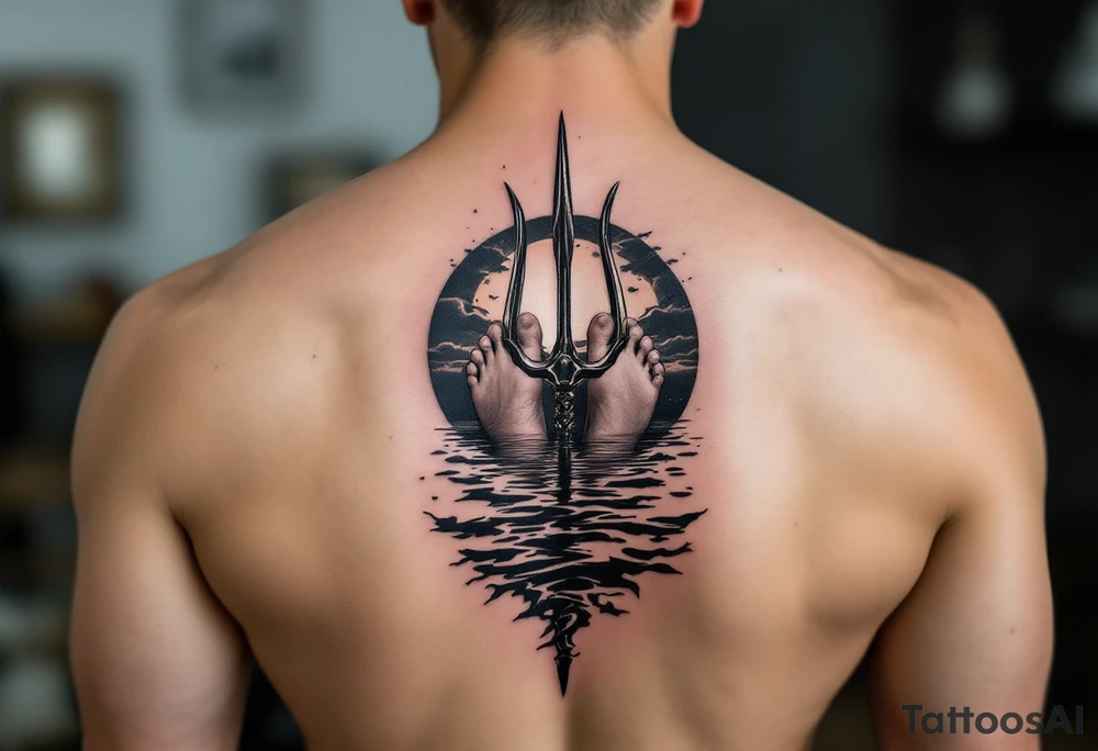 barefeet behind trident half way under water and sunset tattoo idea