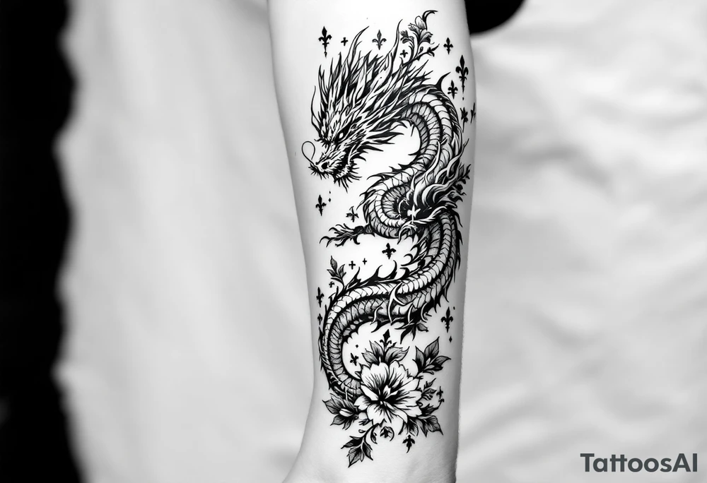 un dragon central entouré de fleurs de lys de style avec des ombrages dans un style assez fin tattoo idea