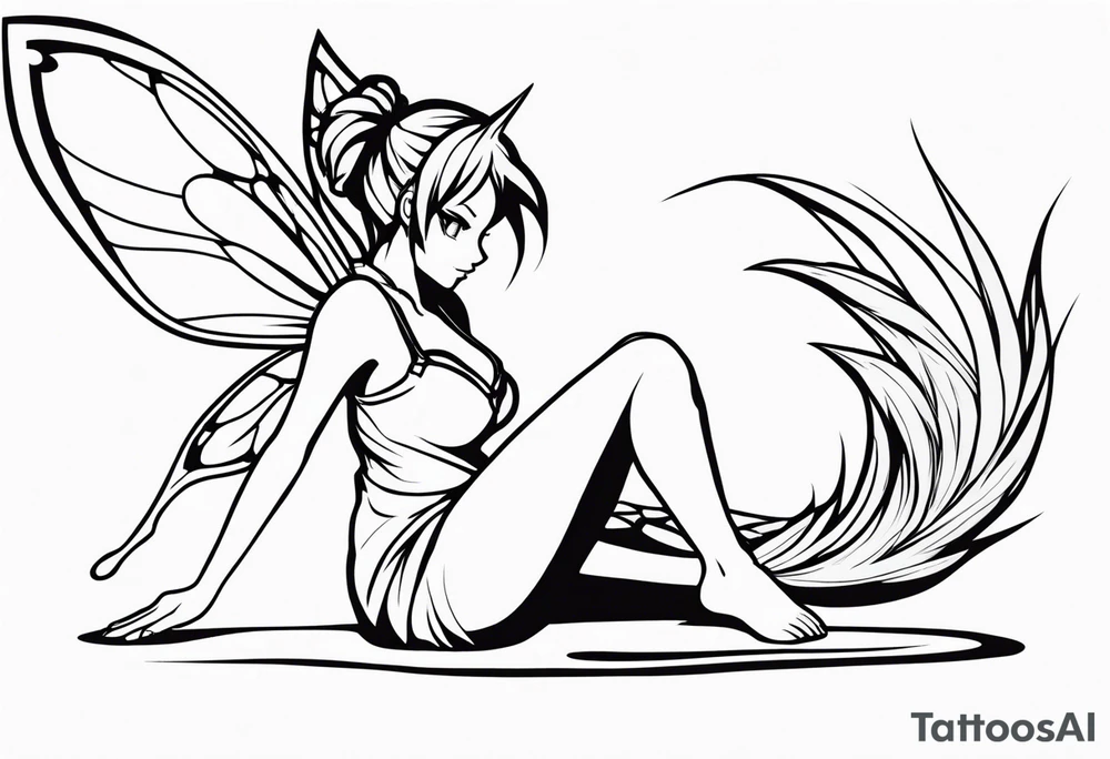 No color sketch of a fairy with a tail inspired by the guild symbol in the anime show called Fairy Tail in a fetal position leaning in and forward while crawled in tattoo idea