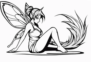 No color sketch of a fairy with a tail inspired by the guild symbol in the anime show called Fairy Tail in a fetal position leaning in and forward while crawled in tattoo idea