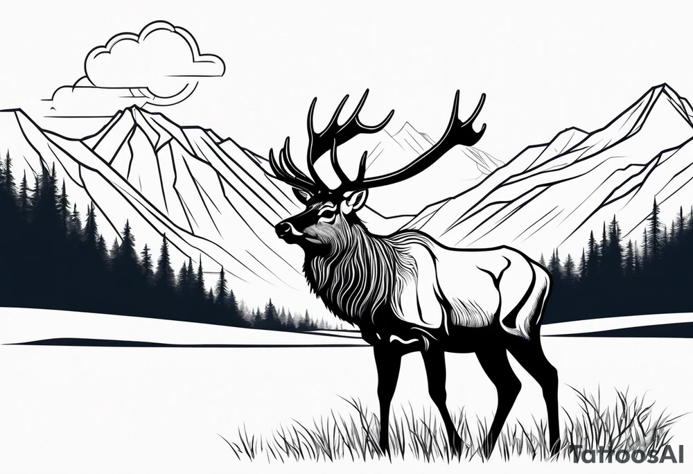 adult elk in a field with mountains in the background tattoo idea