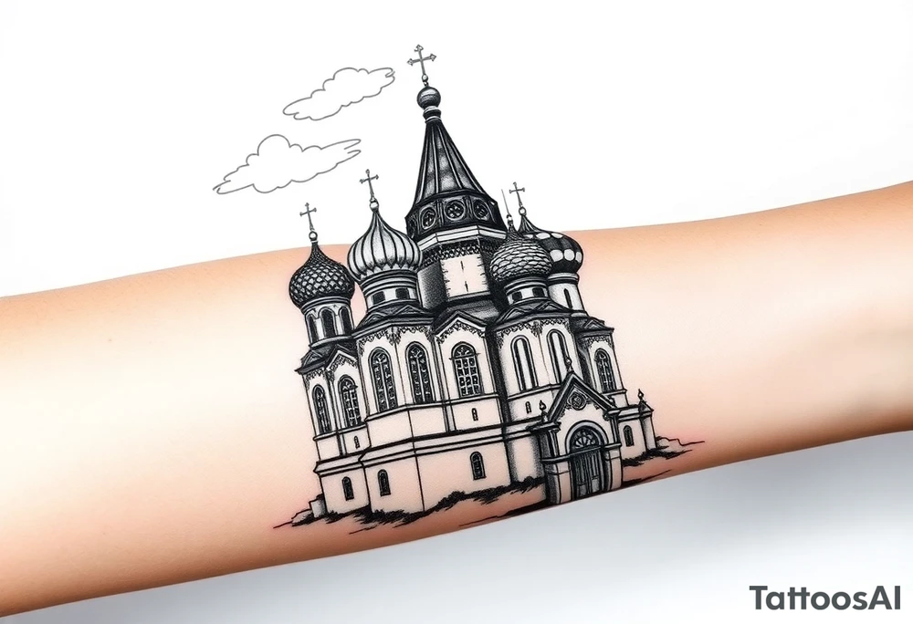 highly detailed Russian Orthodox cathedral with onion domes and orthodox crosses, done in fine line, engraving-like style. Cohesive composition, black ink only, no color, high contrast, slightly aged, documentary-style, plain light background. with clouds above it and a virgin mary over looking tattoo idea