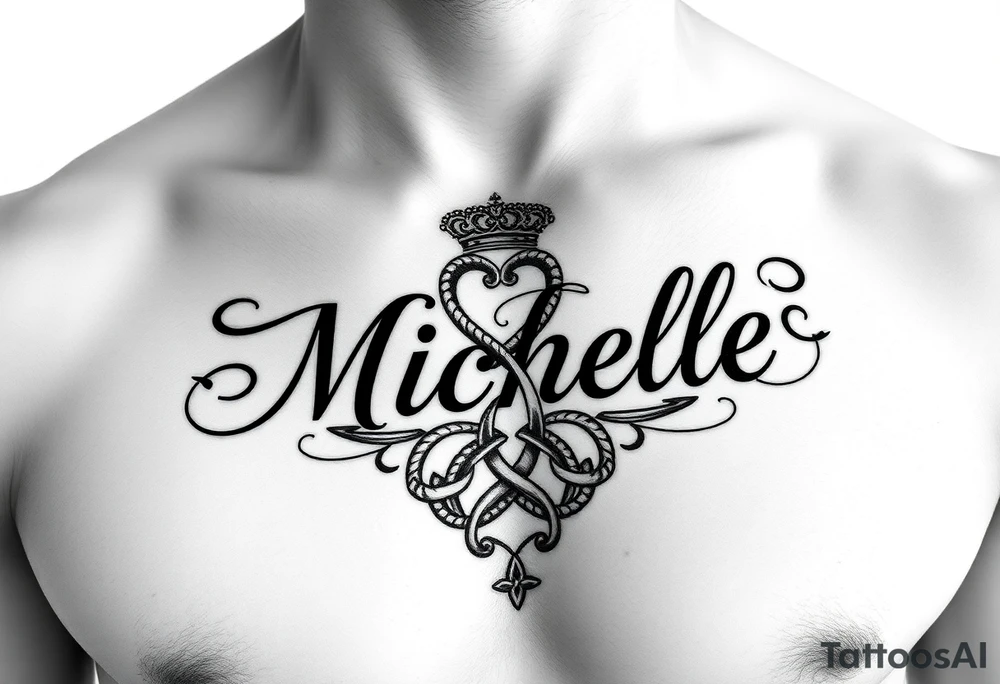 Design a tattoo for a man’s chest of a woman’s name (Michelle). There should be a claddagh and a Celtic knot entertwined. The name Michelle should be in elegant calligraphy. Make it elegant and tasteful. tattoo idea