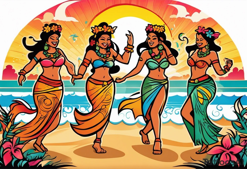 dancing tiki gods with sexy hula women having a dance part on the beach with a sunset in the center of the image with tiki gods tattoo idea