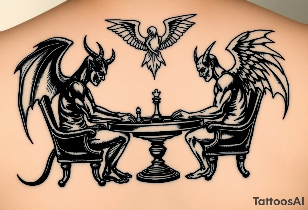 devil and angel playing chess in black. Make them seem like people and not animals. Sitting on chairs with an angel watching tattoo idea