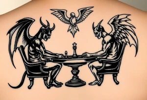 devil and angel playing chess in black. Make them seem like people and not animals. Sitting on chairs with an angel watching tattoo idea
