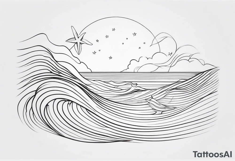 One single line Wave and starfish tattoo idea