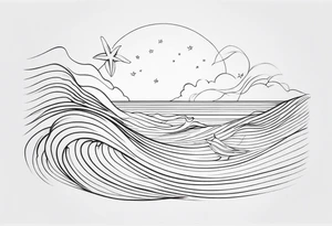 One single line Wave and starfish tattoo idea