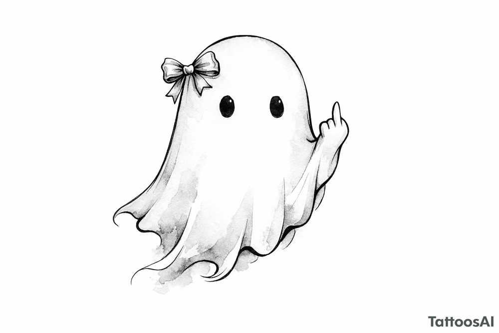 Ghost outline with a tiny, detailed bow and a defiant middle finger, watercolor style. tattoo idea