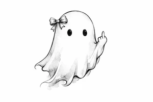Ghost outline with a tiny, detailed bow and a defiant middle finger, watercolor style. tattoo idea