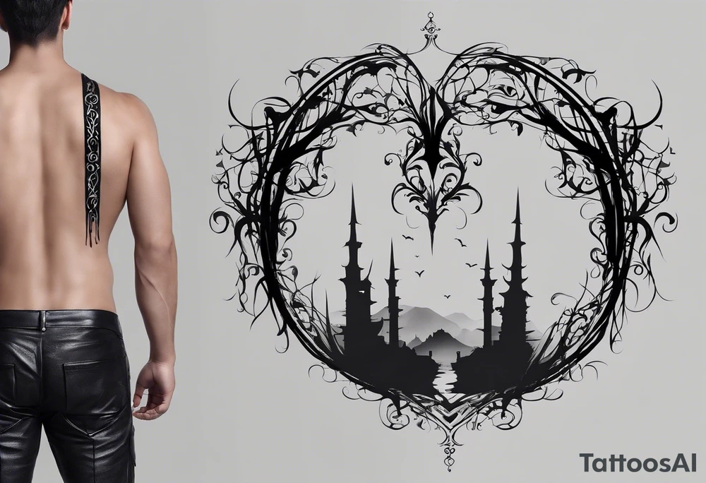 Certainly! Here’s a description for your back tattoo:

---

**Tattoo Description:**

Design: Black work, paint strokes.
Location: Back.
Concept: Dante's Inferno, representing the layers of hell.

**Design Details:**

1. **Vertical Lines:**
   - Two bold, vertical lines run parallel up the spine, symbolizing the journey through the depths of Dante's Inferno.

2. **Horizontal Lines:**
   - Nine horizontal lines intersect the vertical lines, each representing one of the nine circles of hell.
   - The lines descend down the back, each becoming progressively shorter and narrower to signify the decreasing levels of hell's circles.
   - The paint stroke style gives the lines a dynamic, brush-painted appearance, enhancing the dramatic and artistic effect.

3. **Overall Style:**
   - The black work technique ensures a striking contrast, with deep black ink emphasizing the severity and depth of the concept.

Sure, here's a simplified version:

---

**Tattoo Description:**

**Design:** Black work, paint strokes.
**Location:** Back.
**Concept:** Dante's Inferno, layers of hell.

**Details:**

1. **Vertical Lines:**
   - Two parallel lines up the spine.

2. **Horizontal Lines:**
   - Nine perpendicular lines, descending and decreasing in width.

**Style:**
   - Bold black work with paint stroke effects.

---

This version is straightforward and clear.

---

This description provides a clear and detailed vision for your tattoo artist to work from, capturing the essence and symbolism of Dante’s Inferno in a powerful and visually striking way. tattoo idea
