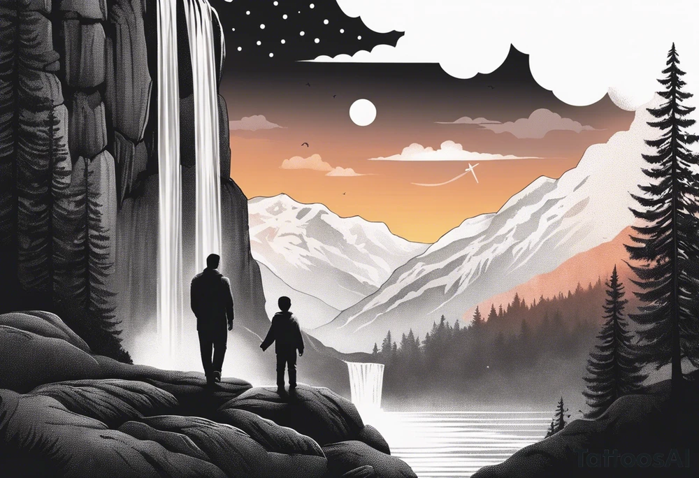 a father and son in the mountains with  a waterfall and cross in the background and a sunset tattoo idea