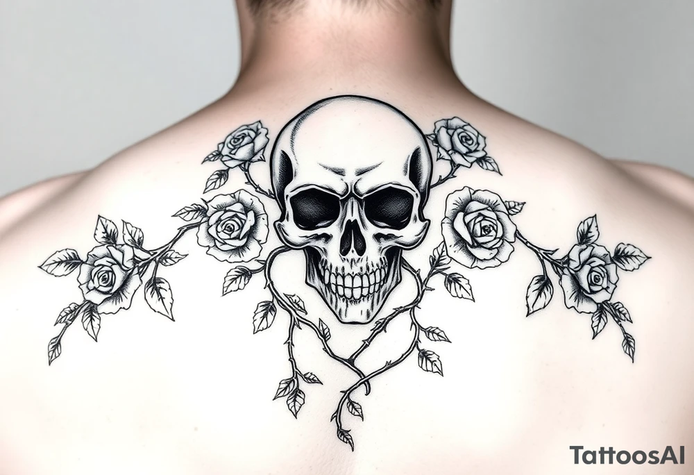 gothic skull intertwined with climbing roses and thorny vines tattoo idea