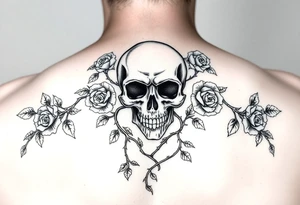 gothic skull intertwined with climbing roses and thorny vines tattoo idea