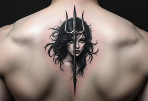 gentle woman face with black hair behind trident tattoo idea