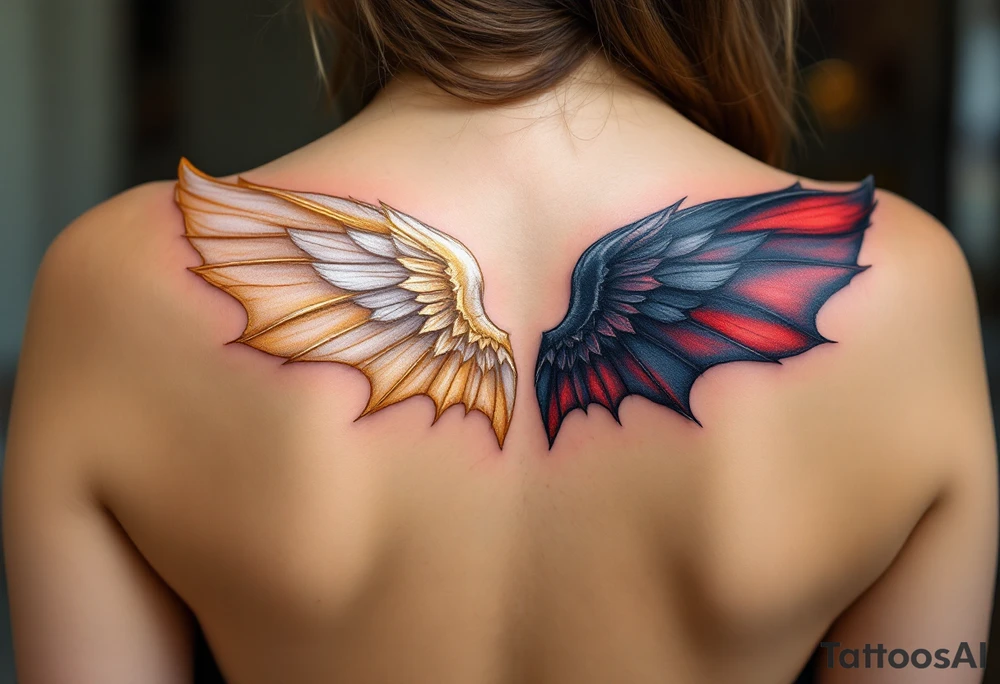 A pair of wings split down the middle—one side an angelic white feathered wing, in soft golden hues, and the other a dark bat-like wing, with deep black and red undertones. The two halves merge at the center, representing the balance of light and darkness. tattoo idea