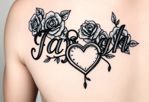 The name Jaylah With Roses and Foot Print and Pocket watch shaped like a Heart on forearm tattoo idea