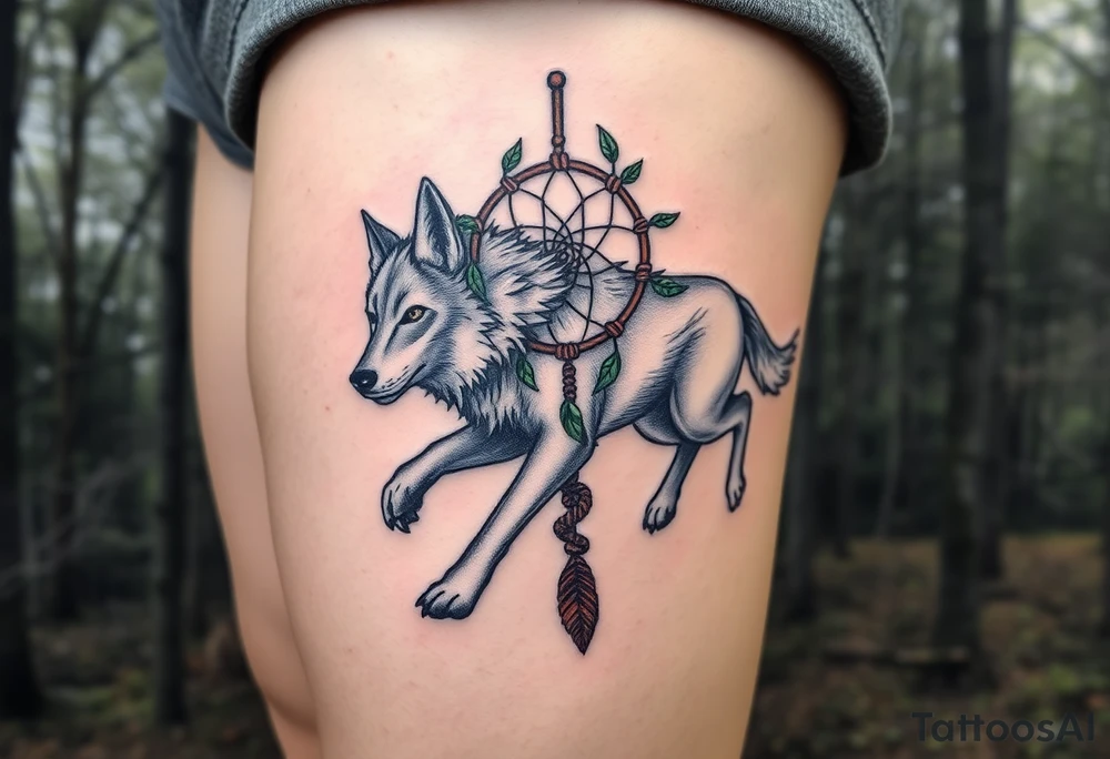 A wolf running through the woods, with dreamcatcher rings woven into the landscape. The wolf’s fur is shaded in shades of gray and white, while the dreamcatcher is adorned with green leaves and earthy brown tones tattoo idea