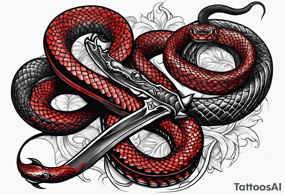Two black and red snakes slithering around a dagger tattoo idea