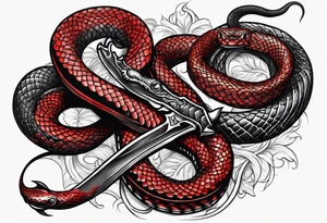 Two black and red snakes slithering around a dagger tattoo idea