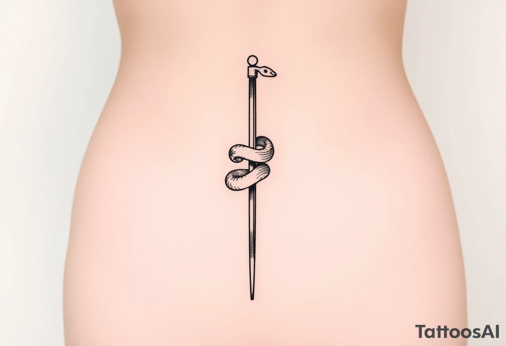 Snake tatto graphic on the hip. Positioned on the hip bone and lower closer to lady parts and leg. Snake symbolically wrapped over the pole (pole dance one). Minimalistic graphic style. Only snake and pole. Positioned horizontally, Pole vertically (not just Pole but a special pole for pole dance, but not to much details). Front view, hip bone is left and lower than belly, only front view. Pole is symbolically outline only like vertical simplified pole without details without beginning and end. Snake is placed diagonally according to the pole, partially wrapped around it and partially positioned on the hip bone from hip bone closer to vagina
No details on Pole. Make it looks just like some Pole without texture, minimalistic, without beginning and end. Please follow instructions very carefully, you are missing them tattoo idea