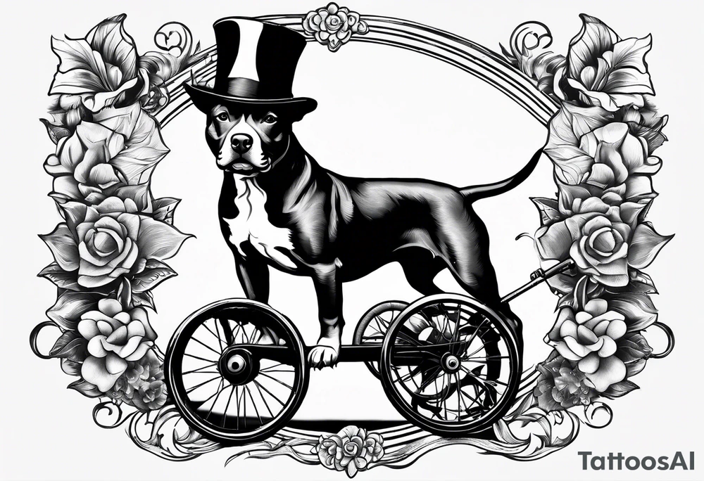 Pittbull wearing a tophat riding a tricycle tattoo idea